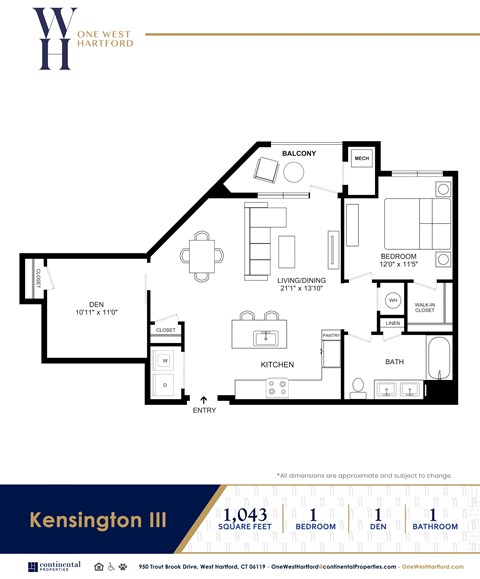 Floor plan for 1 bed, 1 bath, 1043 sqft
